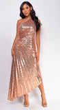 Rio Rose Gold Sequin Asymmetrical Pleated Maxi Dress