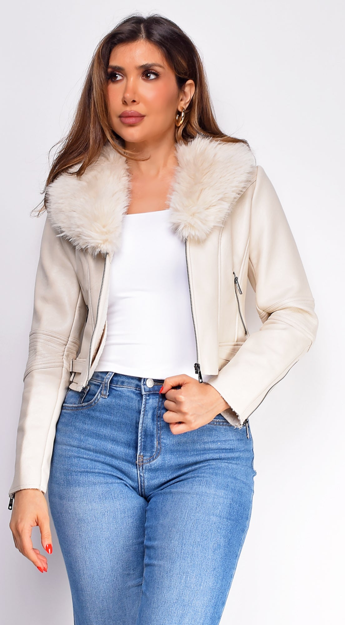 Alyona White Cream Faux Fur Leather Jacket