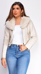 Alyona White Cream Faux Fur Leather Jacket