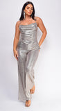 Trixie Beige Silver Foil Metal Cowl Neck Pants Set