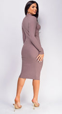 Cielo Mock Neck Long Sleeve Ribbed Mid Dress - Mocha