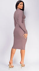 Cielo Mocha Brown Mock Neck Long Sleeve Ribbed Mid Dress