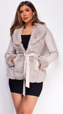 Ekaterina Cream Beige PU Leather Belted Coat full length front view on model