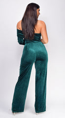 Yava Green Off Shoulder Velvet Jumpsuit