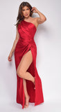 Elina Red Satin One Shoulder Side Slit Maxi Dress