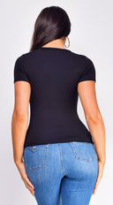 Tina Black Basic Short Sleeve Top close-up of fabric and construction