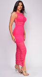 Jude Hot Pink Ruched Mesh Midi Dress