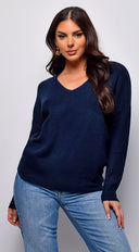 Remy V Neck Drop Shoulder Sweater Top in Blue full length front view on model