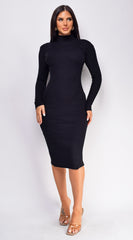 Cielo Black Mock Neck Long Sleeve Ribbed Mid Dress