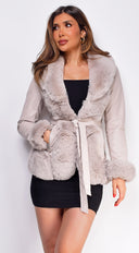 Ekaterina Cream Beige PU Leather Belted Coat styled on model additional angle
