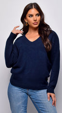 Remy V Neck Drop Shoulder Sweater Top in Blue close-up of neckline detail