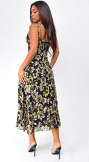 Nikkie Floral Print Side Slit Midi Dress - Black