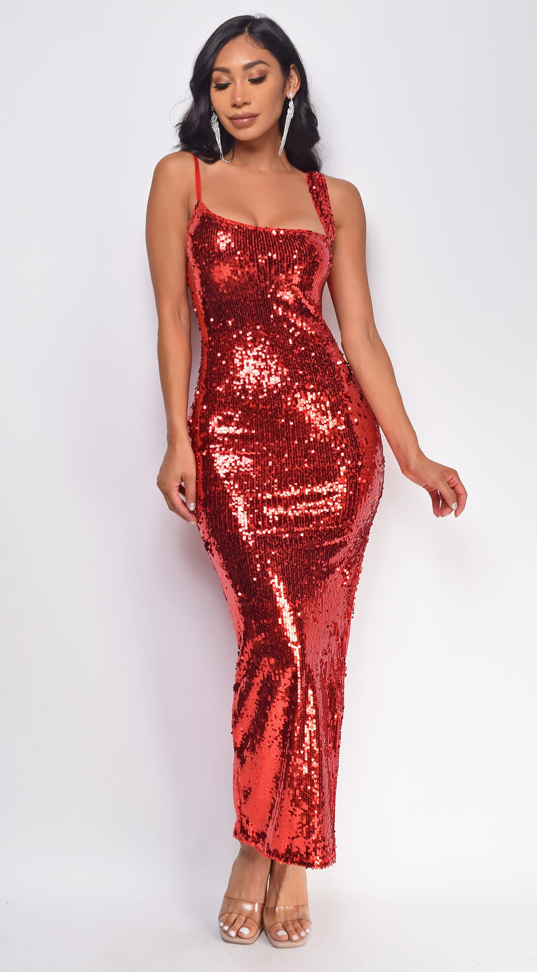 Riyo Red Sequin Slit Maxi Dress