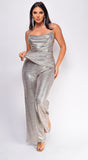 Trixie Beige Silver Foil Metal Cowl Neck Pants Set
