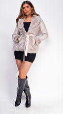 Ekaterina Cream Beige PU Leather Belted Coat styled on model