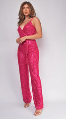 Kyla Hot Pink Surplice Sequin Jumpsuit