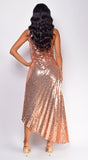 Rio Rose Gold Sequin Asymmetrical Pleated Maxi Dress