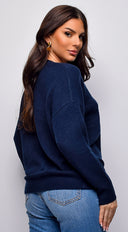 Remy V Neck Drop Shoulder Sweater Top in Blue back view on model