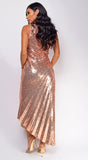 Rio Rose Gold Sequin Asymmetrical Pleated Maxi Dress