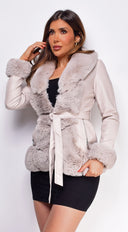 Ekaterina Cream Beige PU Leather Belted Coat back view on model