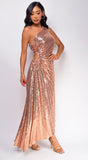 Rio Rose Gold Sequin Asymmetrical Pleated Maxi Dress