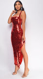 Riyo Red Sequin Slit Maxi Dress
