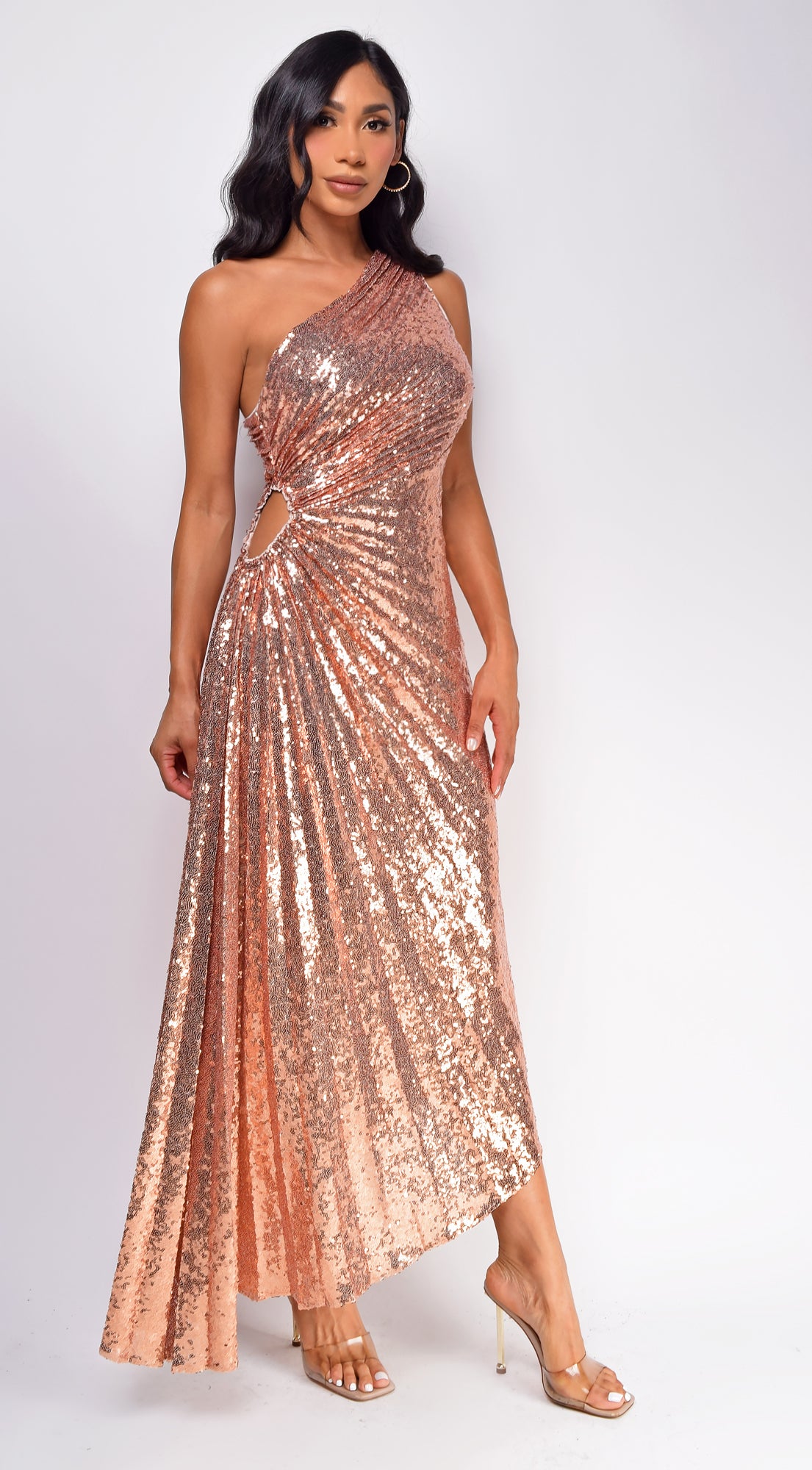 Rio Rose Gold Sequin Asymmetrical Pleated Maxi Dress – Emprada