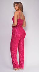 Kyla Hot Pink Surplice Sequin Jumpsuit