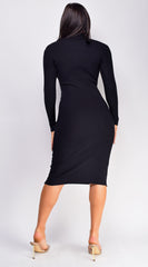 Cielo Black Mock Neck Long Sleeve Ribbed Mid Dress