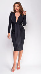 Alicyn Black Waist Tie Long Sleeve Midi Dress