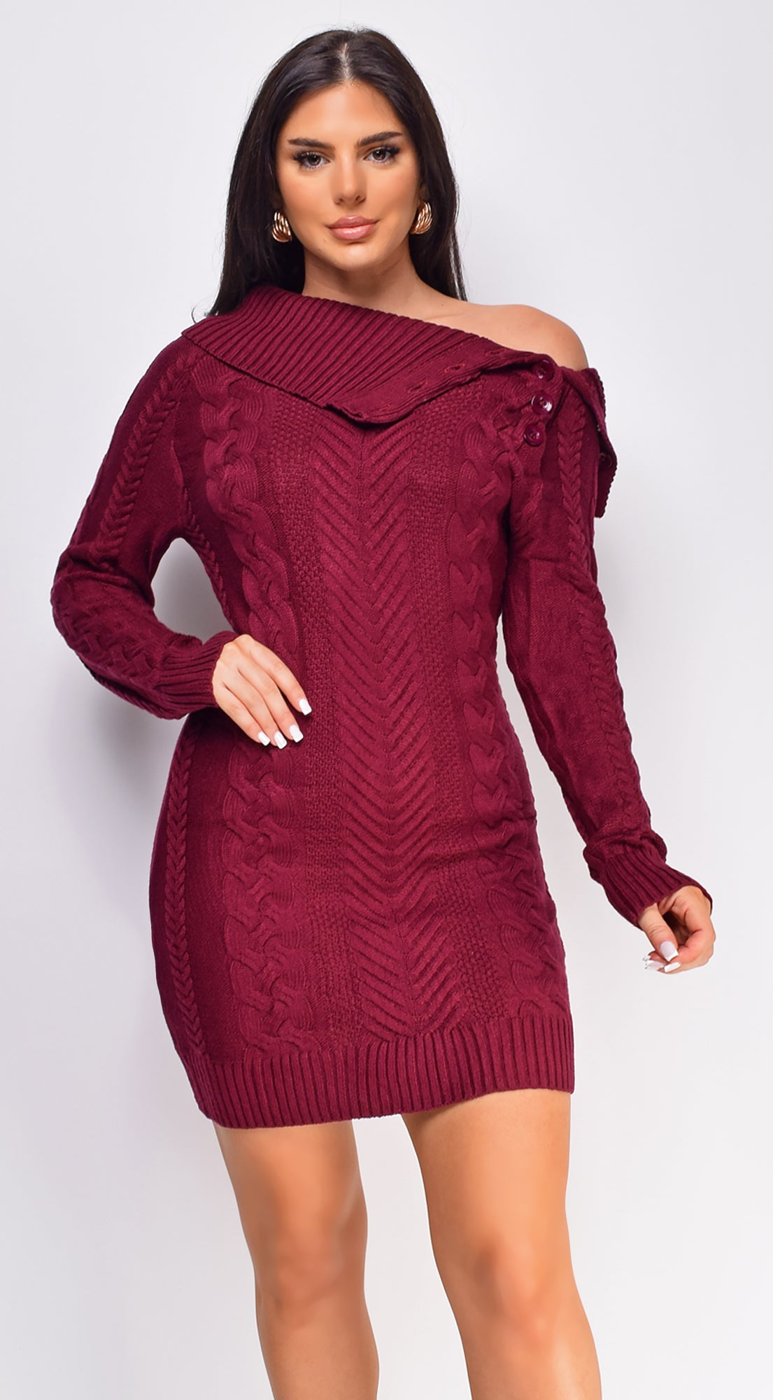 Vanetta Wine Red Cable Knit Sweater Mini Dress