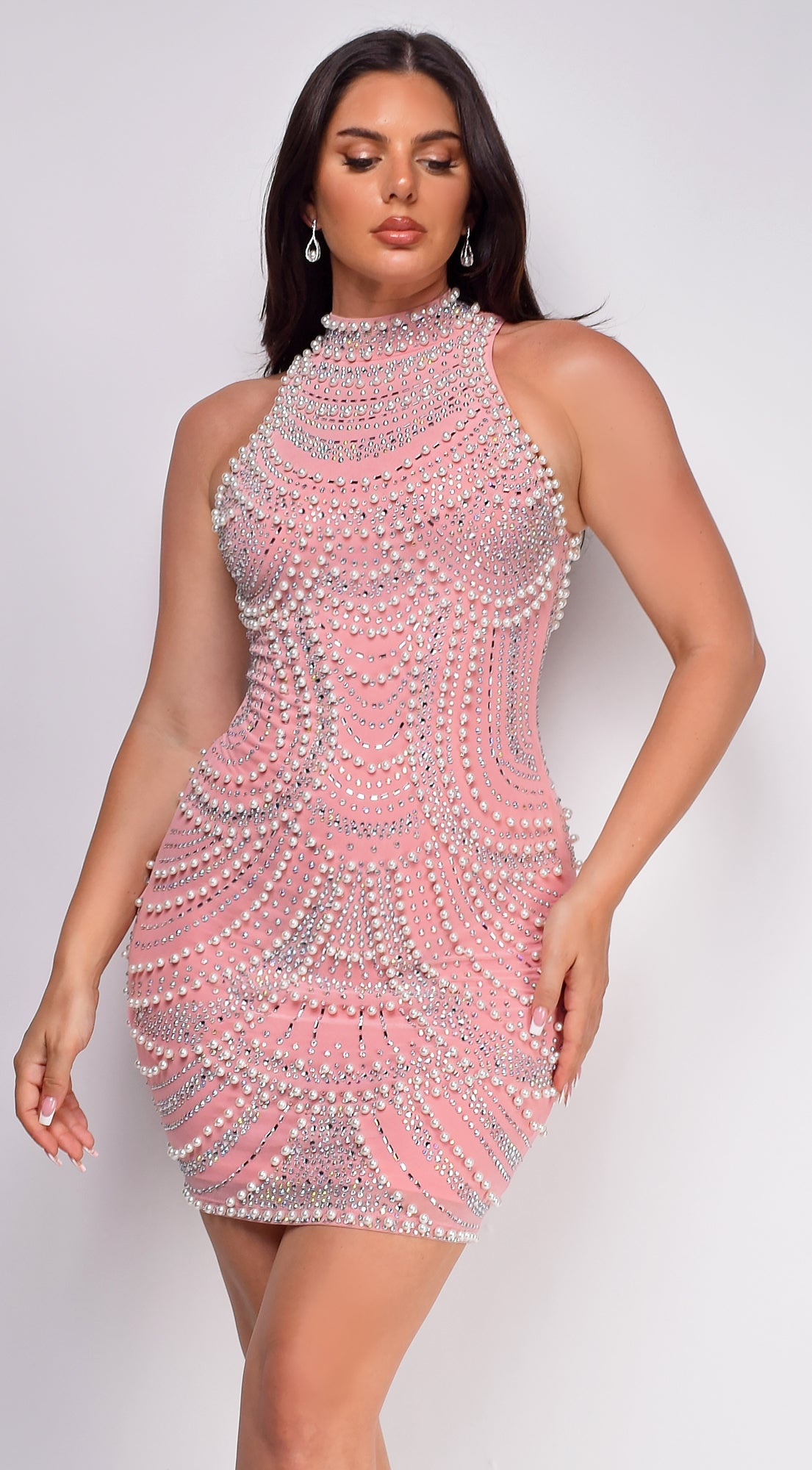 Vance Pink Rhinestone Pearl Mini Dress