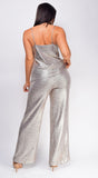 Trixie Beige Silver Foil Metal Cowl Neck Pants Set