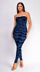 Clara Blue Tube Jacquard Lurex Jumpsuit back view on model