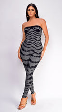 Clara Gray Tube Jacquard Lurex Jumpsuit back view on model