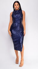 Rae Navy Blue High Neck Sequin Midi Dress | Emprada Rae Navy Blue High Neck Sequin Midi Dress | Emprada