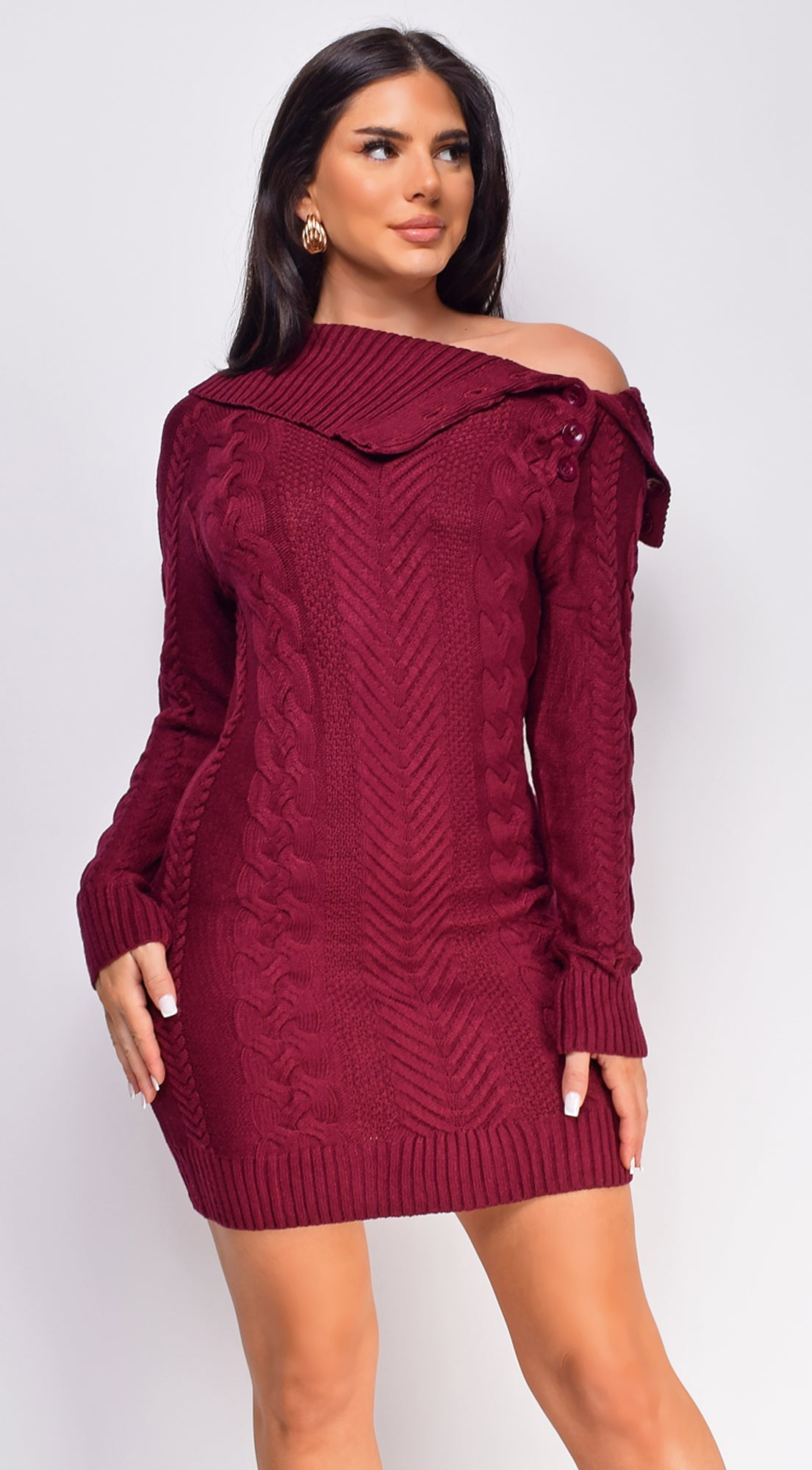 Vanetta Wine Red Cable Knit Sweater Mini Dress