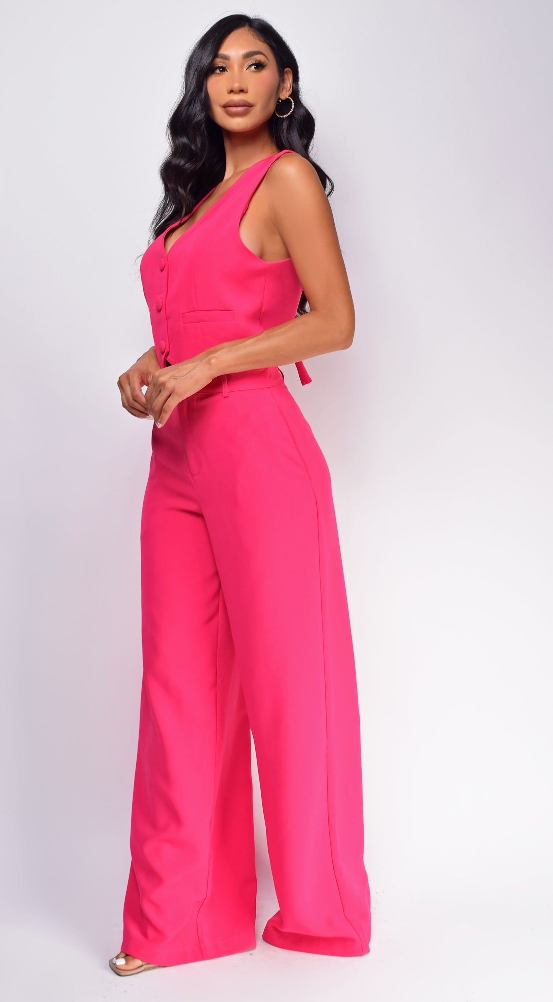 Tullia Pink Button Up Vest Pants Set