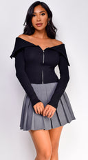 Presley Pleated Skirt in Gray stitching and texture close-up hemline and silhouette detail