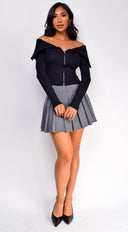 Presley Pleated Skirt in Gray close-up of neckline and shoulder detail