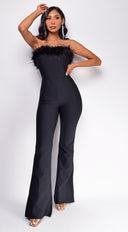 Xoey Feather Detail Bandage Jumpsuit in Black styled outfit flat lay