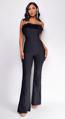 Xoey Feather Detail Bandage Jumpsuit in Black close-up of neckline and shoulder detail