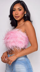 Stacie Pink Feather Tube Top close-up of feather trim