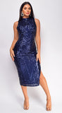 Rae Navy Blue High Neck Sequin Midi Dress