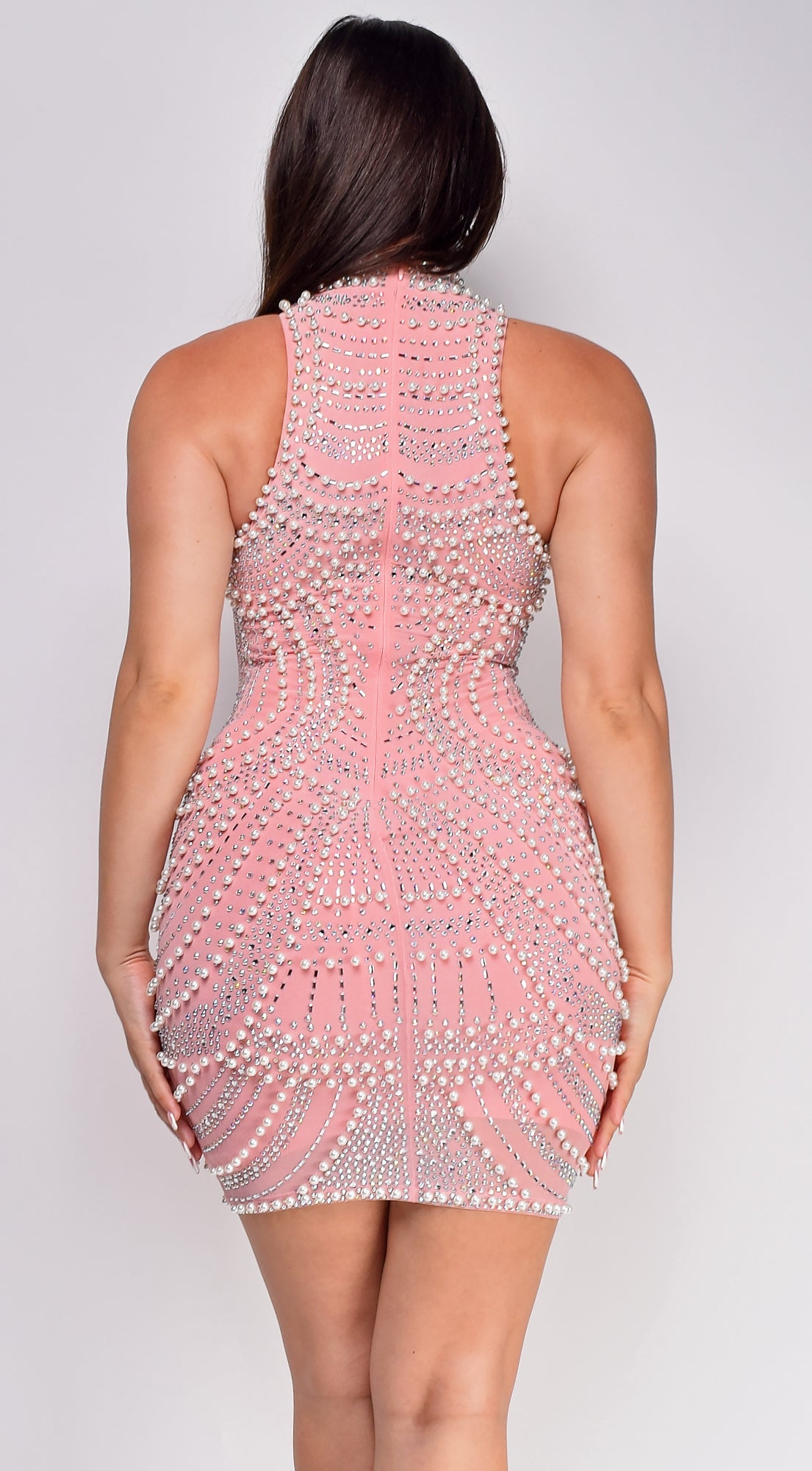 Vance Pink Rhinestone Pearl Mini Dress