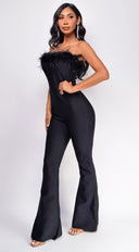 Xoey Feather Detail Bandage Jumpsuit in Black hemline and silhouette detail