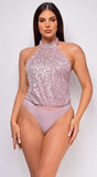 Catalda Pink Sequin Halter Open back Bodysuit