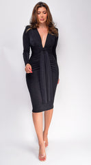 Alicyn Black Waist Tie Long Sleeve Midi Dress