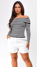 Pasadena Off Shoulder Ribbed Top in Black full length front view on model