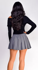 Presley Pleated Skirt in Gray fabric drape close-up hemline and silhouette detail